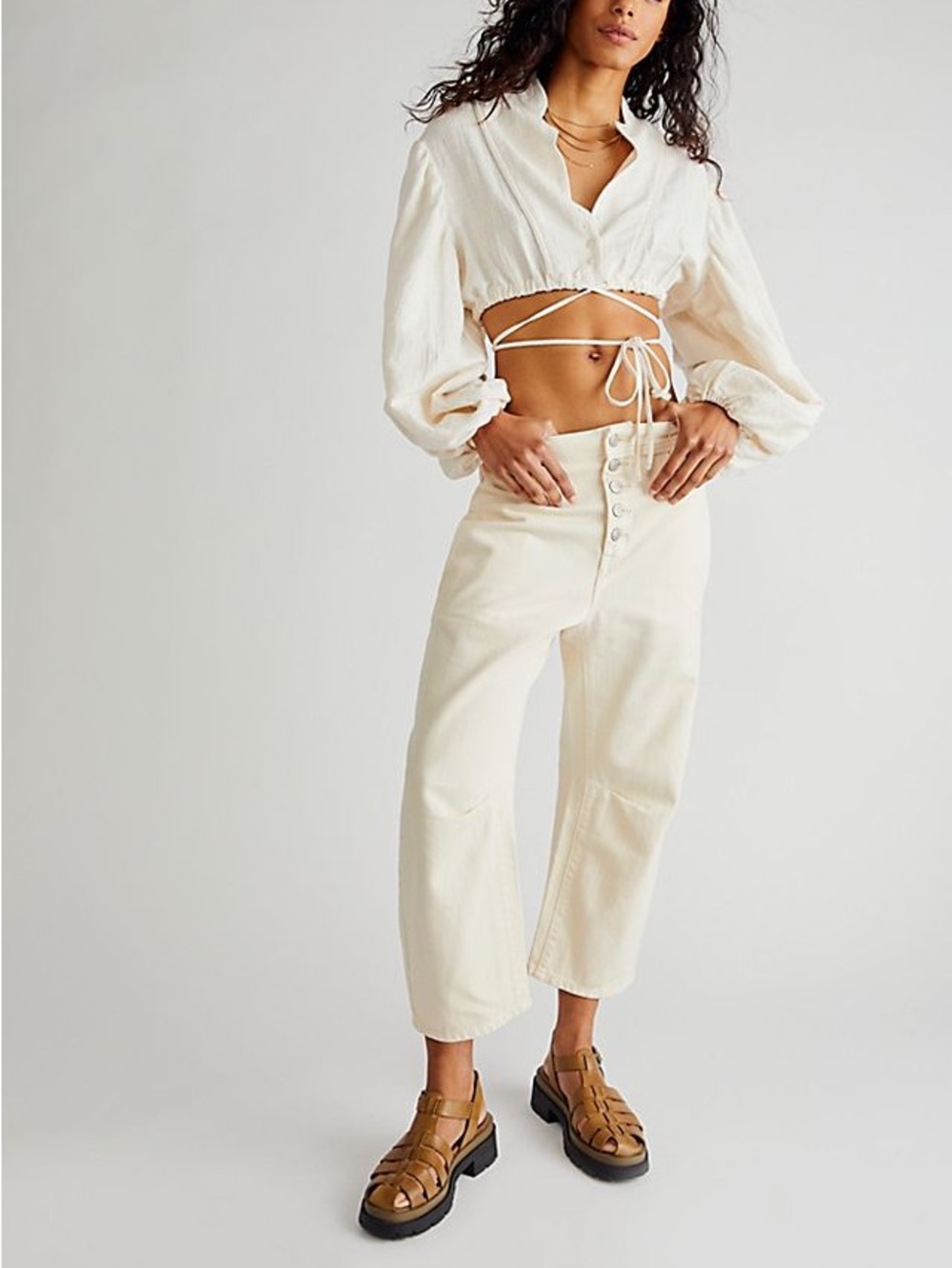 We The Free Osaka Mid Rise Barrel Jeans Pant Cropped Denim Structured Cream